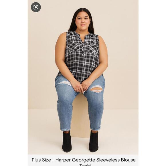 Torrid Harper Georgette Plaid Black White  1/4 Zip w/Pockets Sleeveless Top 3X - Picture 1 of 6